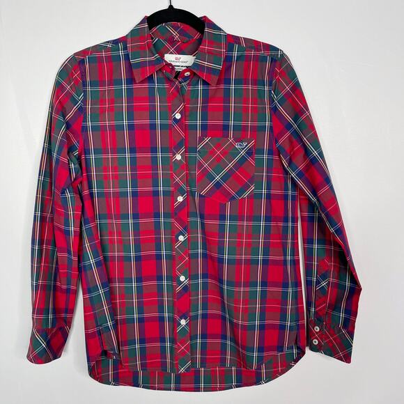 Vineyard Vines Womens 0 Red Green Merry Plaid Chilmark Relaxed Button Down Shirt - Picture 1 of 8